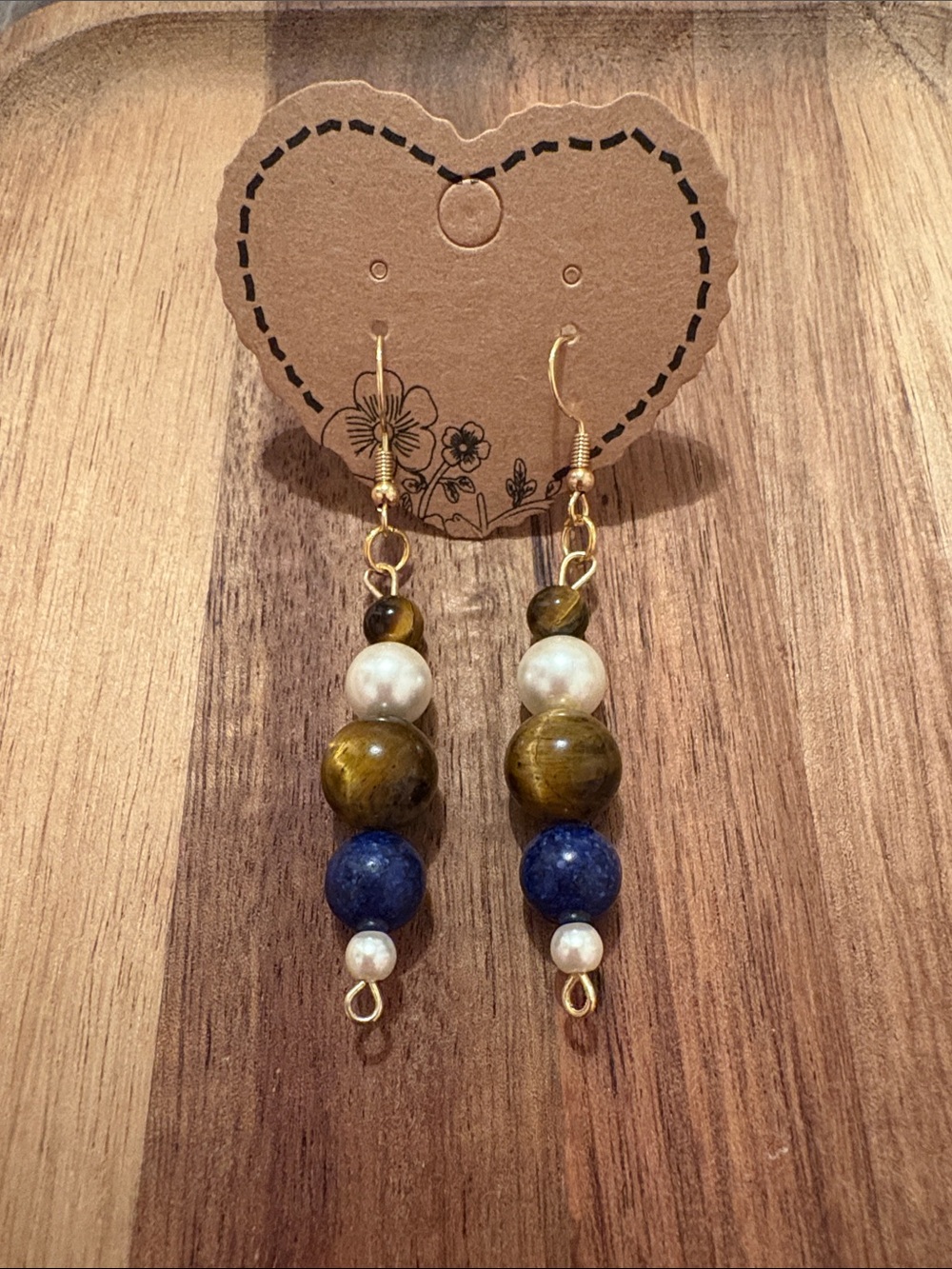 Handmade Beaded Drop Earrings- Tigers Eye, Lapis Lazuli, Faux Pearl